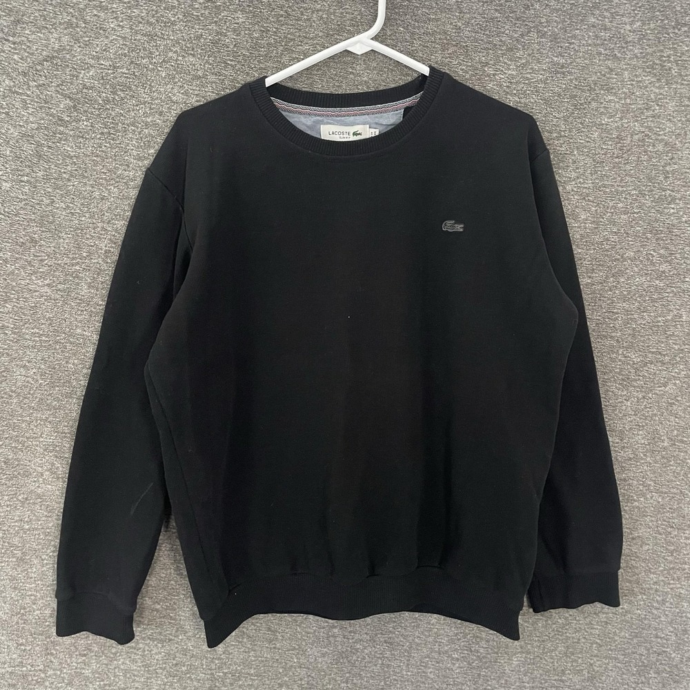 Lacoste Sweater Mens 2XL Black 100% Cotton Crewneck Knit Pullover Croc Logo